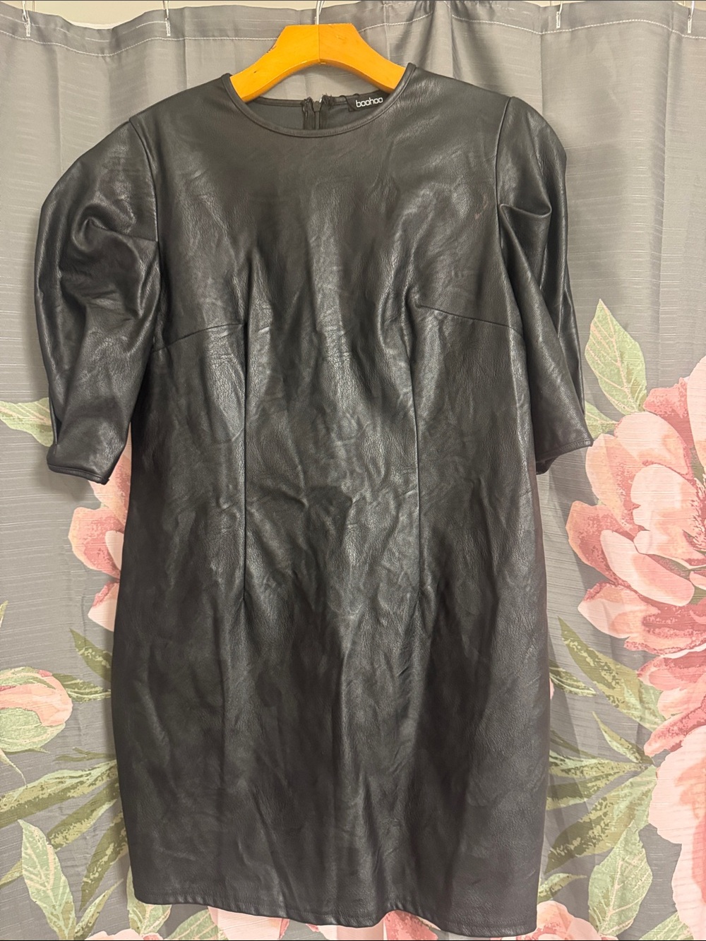 Boohoo Black Faux Leather Puff Sleeve Shift Dress